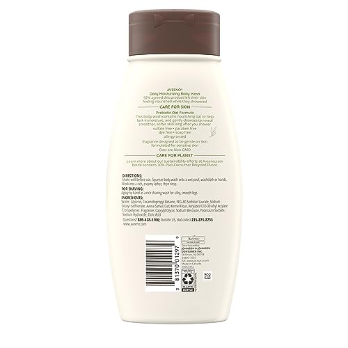 Aveeno Daily Moisturizing Body Wash, Body Wash for Dry Skin with Soothing Oat, Creamy Shower Cleanser, Gentle, Soap-Free and Dye-Free, Lightly Scented Body Wash, 33 FL OZ