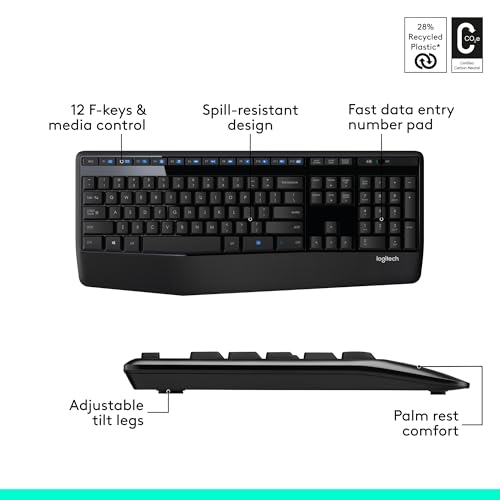 Logitech MK345 Wireless Combo Full-Sized Keyboard with Palm Rest and Comfortable Right-Handed Mouse, 2.4 GHz Wireless USB Receiver, Compatible with PC, Laptop,Black