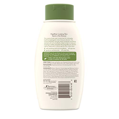 Aveeno Daily Moisturizing Body Wash, Body Wash for Dry Skin with Soothing Oat, Creamy Shower Cleanser, Gentle, Soap-Free and Dye-Free, Lightly Scented Body Wash, 33 FL OZ