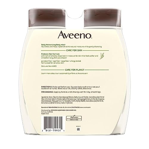 Aveeno Daily Moisturizing Body Wash, Body Wash for Dry Skin with Soothing Oat, Creamy Shower Cleanser, Gentle, Soap-Free and Dye-Free, Lightly Scented Body Wash, 33 FL OZ