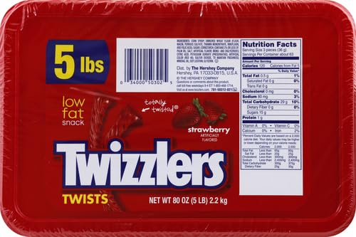 TWIZZLERS Twists Strawberry Flavored Licorice Style, Low Fat Candy Tub, 5 lb