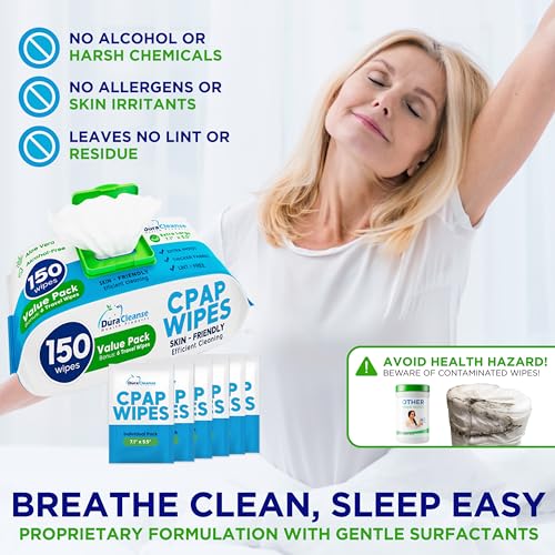 CPAP Mask Wipes - 150 Count Jumbo Pack + 6 Travel Wipes - DuraCleanse Extra Large, Extra Moist Cleaning Wipes for Full Face, Nasal Masks - Unscented Cleaner for CPAP Machine, Supplies and Accessories