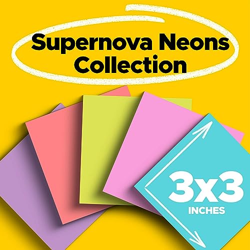 Post-it Super Sticky Notes, 3x3 in, 24 Pads, 2x the Sticking Power, Supernova Neons, Bright Colors, Recyclable