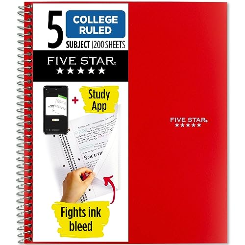 Five Star Spiral Notebook + Study App, 5 Subject, College Ruled Paper, Fights Ink Bleed, Water Resistant Cover, 8-1/2" x 11", 200 Sheets, Black (72081)