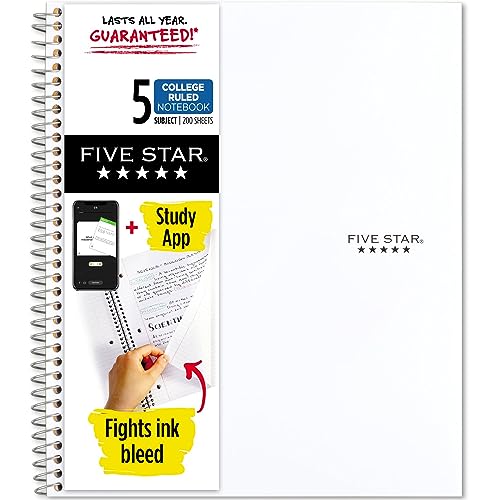 Five Star Spiral Notebook + Study App, 5 Subject, College Ruled Paper, Fights Ink Bleed, Water Resistant Cover, 8-1/2" x 11", 200 Sheets, Black (72081)