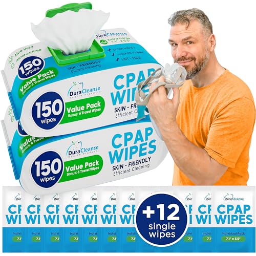 CPAP Mask Wipes - 150 Count Jumbo Pack + 6 Travel Wipes - DuraCleanse Extra Large, Extra Moist Cleaning Wipes for Full Face, Nasal Masks - Unscented Cleaner for CPAP Machine, Supplies and Accessories