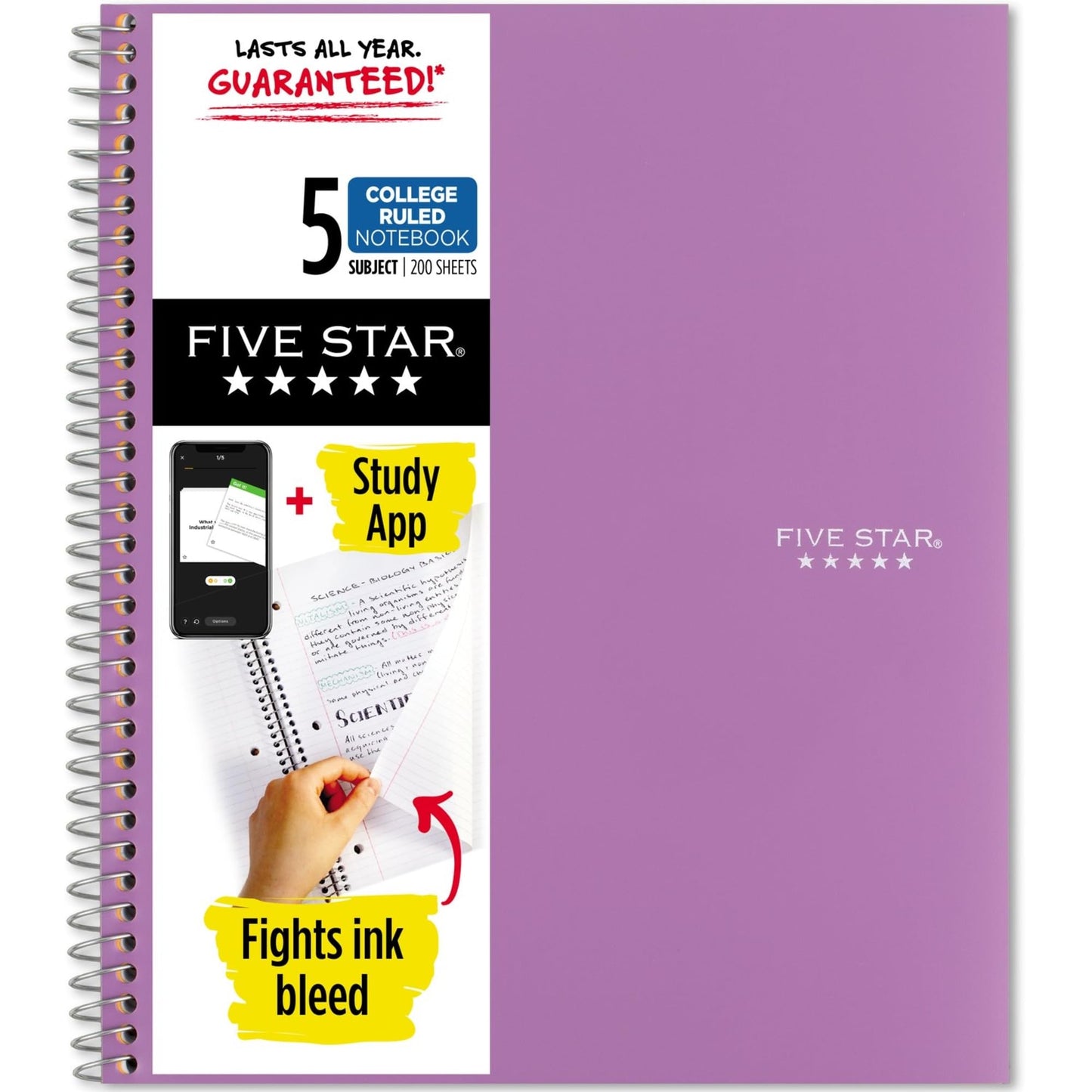 Five Star Spiral Notebook + Study App, 5 Subject, College Ruled Paper, Fights Ink Bleed, Water Resistant Cover, 8-1/2" x 11", 200 Sheets, Black (72081)