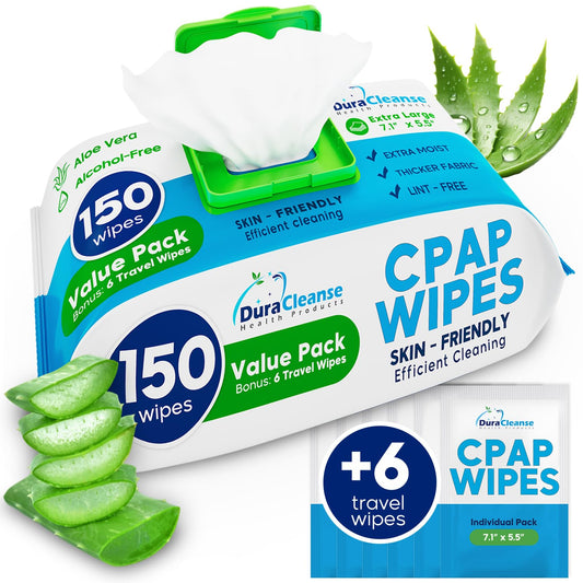 CPAP Mask Wipes - 150 Count Jumbo Pack + 6 Travel Wipes - DuraCleanse Extra Large, Extra Moist Cleaning Wipes for Full Face, Nasal Masks - Unscented Cleaner for CPAP Machine, Supplies and Accessories