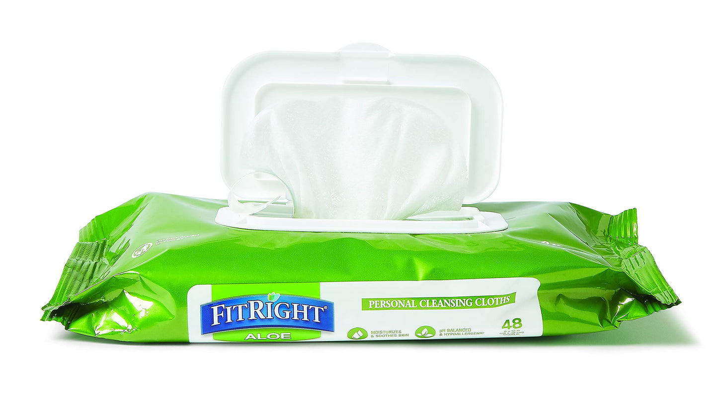 Medline FitRight Personal Cleansing Wipes with Aloe (8x10 inch) | 600 Pieces Moisturizing Body Wipes for Adults Bathing and Incontinence Cleaning | Unscented Cloth Adult Wipes for Elderly Care