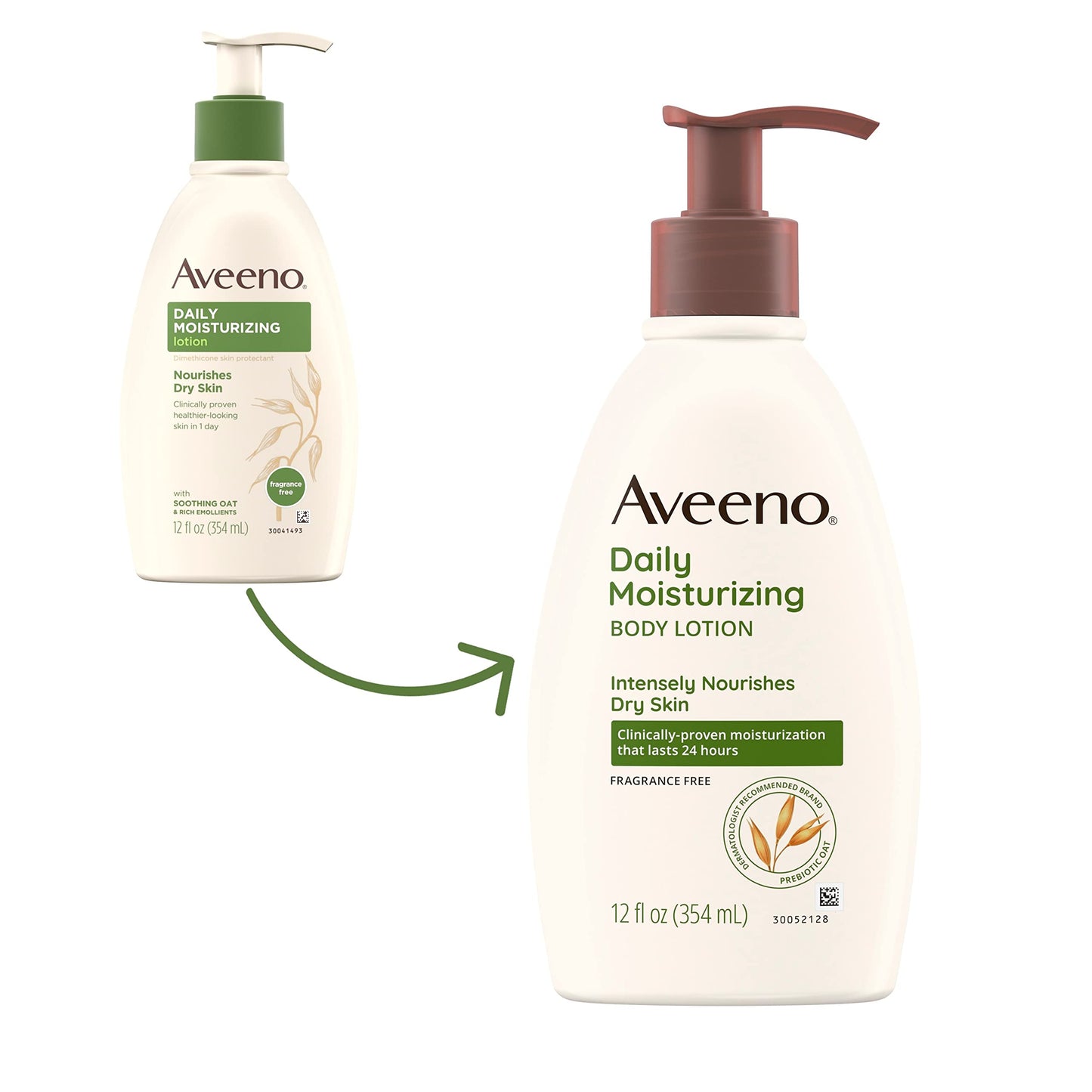 Aveeno Daily Moisturizing Body Lotion with Soothing Prebiotic Oat, Gentle Lotion Nourishes Dry Skin With Moisture, Paraben-, Dye- & Fragrance-Free, Non-Greasy & Non-Comedogenic, 2 x 18 oz