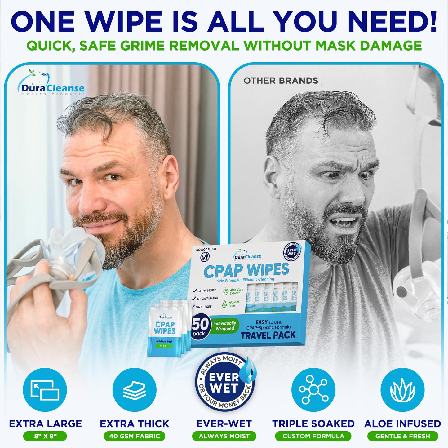 CPAP Mask Wipes - 150 Count Jumbo Pack + 6 Travel Wipes - DuraCleanse Extra Large, Extra Moist Cleaning Wipes for Full Face, Nasal Masks - Unscented Cleaner for CPAP Machine, Supplies and Accessories