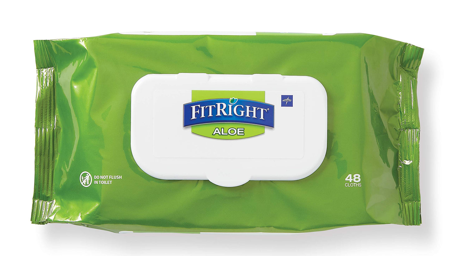 Medline FitRight Personal Cleansing Wipes with Aloe (8x10 inch) | 600 Pieces Moisturizing Body Wipes for Adults Bathing and Incontinence Cleaning | Unscented Cloth Adult Wipes for Elderly Care