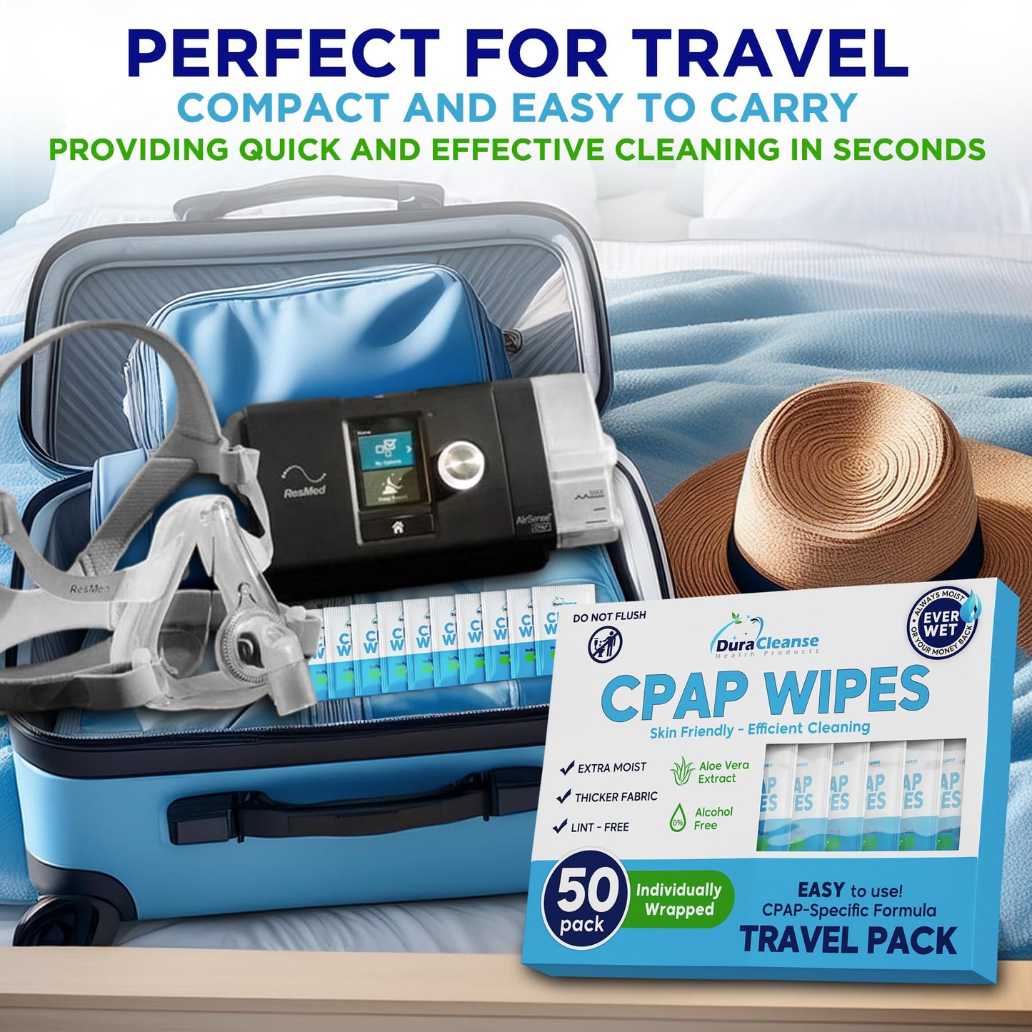 CPAP Mask Wipes - 150 Count Jumbo Pack + 6 Travel Wipes - DuraCleanse Extra Large, Extra Moist Cleaning Wipes for Full Face, Nasal Masks - Unscented Cleaner for CPAP Machine, Supplies and Accessories