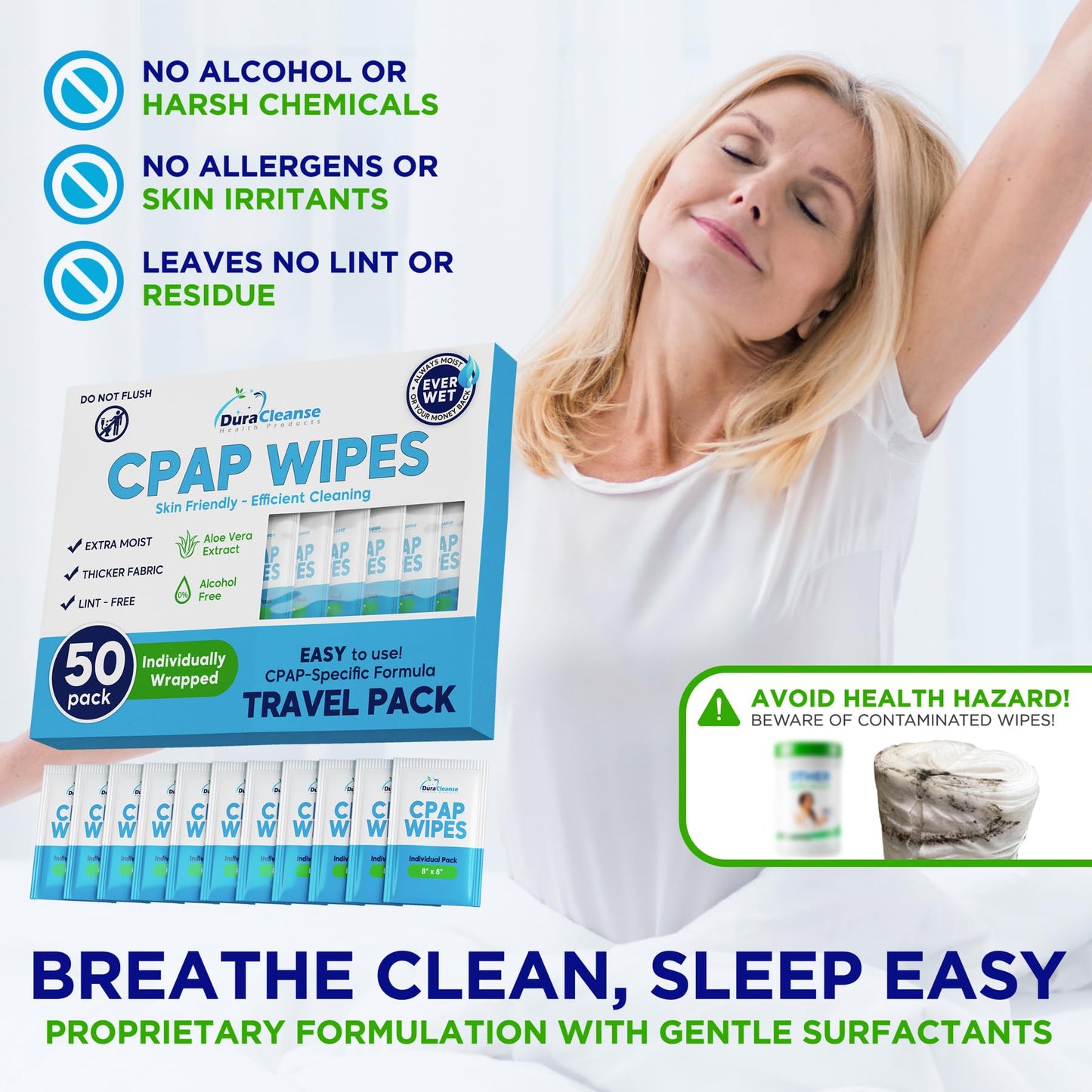 CPAP Mask Wipes - 150 Count Jumbo Pack + 6 Travel Wipes - DuraCleanse Extra Large, Extra Moist Cleaning Wipes for Full Face, Nasal Masks - Unscented Cleaner for CPAP Machine, Supplies and Accessories