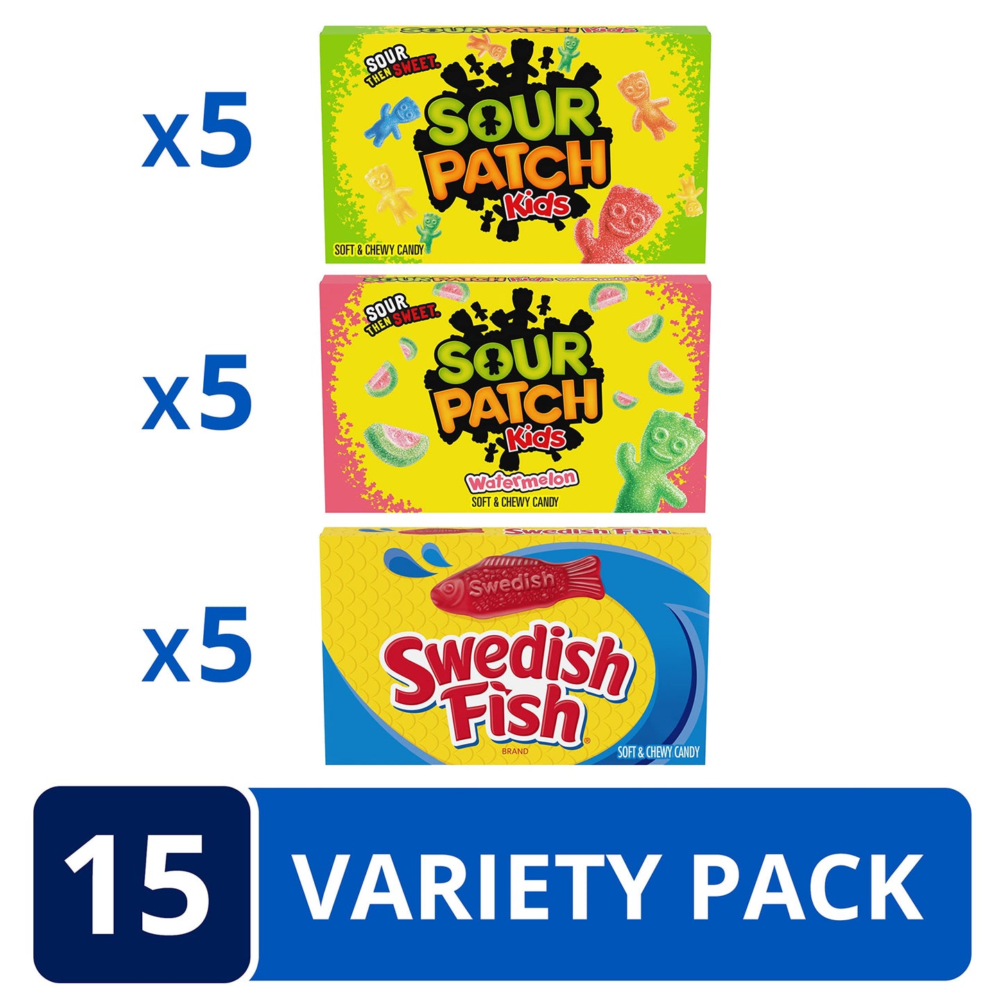 SOUR PATCH KIDS Original Candy, SOUR PATCH KIDS Watermelon Candy & SWEDISH FISH Candy Variety Pack, Halloween Candy, 15 Movie Theater Candy Boxes