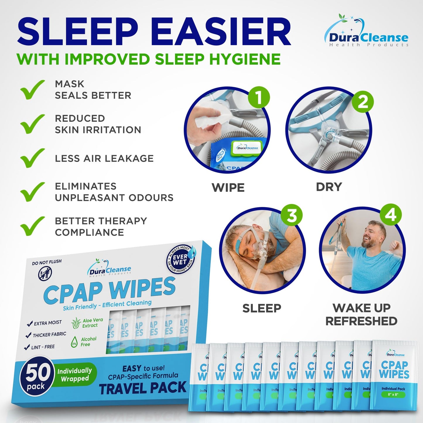 CPAP Mask Wipes - 150 Count Jumbo Pack + 6 Travel Wipes - DuraCleanse Extra Large, Extra Moist Cleaning Wipes for Full Face, Nasal Masks - Unscented Cleaner for CPAP Machine, Supplies and Accessories