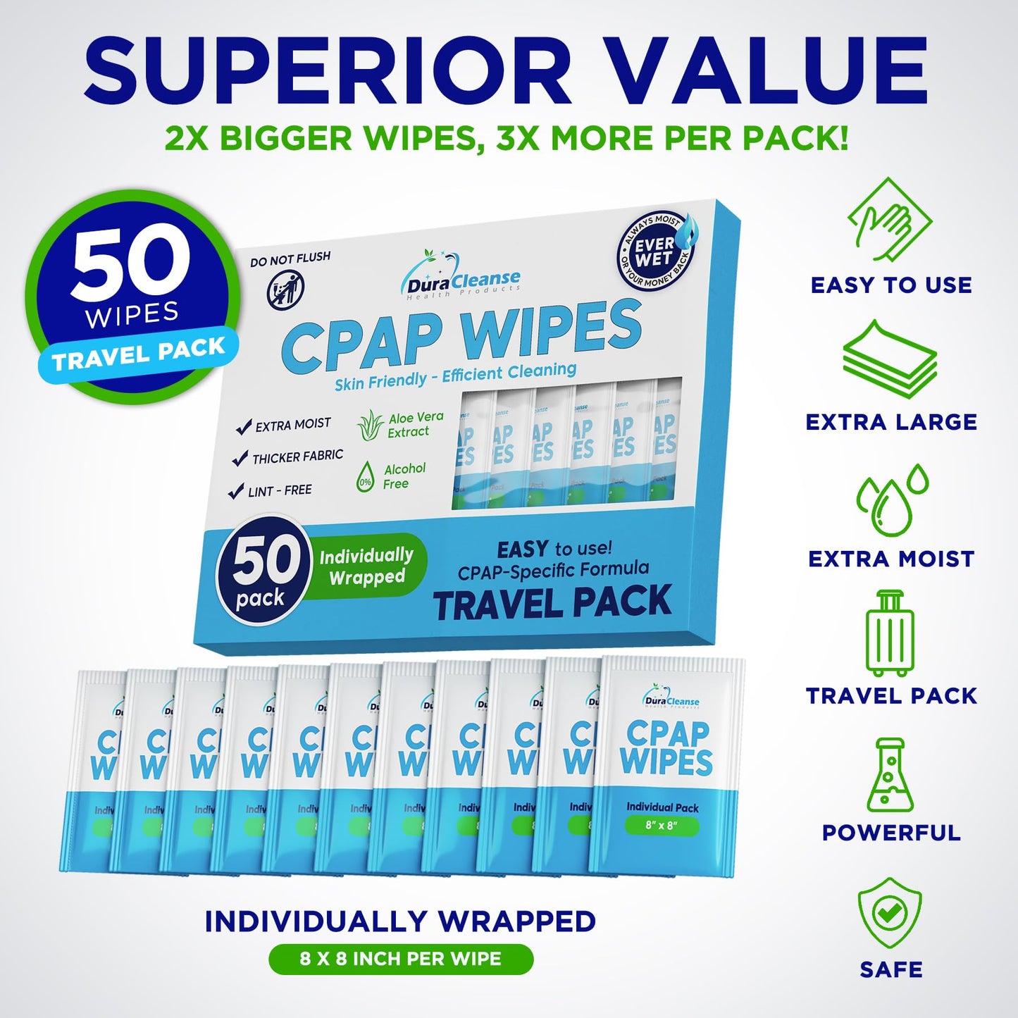 CPAP Mask Wipes - 150 Count Jumbo Pack + 6 Travel Wipes - DuraCleanse Extra Large, Extra Moist Cleaning Wipes for Full Face, Nasal Masks - Unscented Cleaner for CPAP Machine, Supplies and Accessories