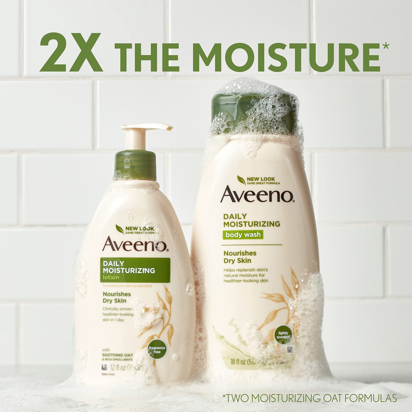 Aveeno Daily Moisturizing Body Lotion with Soothing Prebiotic Oat, Gentle Lotion Nourishes Dry Skin With Moisture, Paraben-, Dye- & Fragrance-Free, Non-Greasy & Non-Comedogenic, 2 x 18 oz