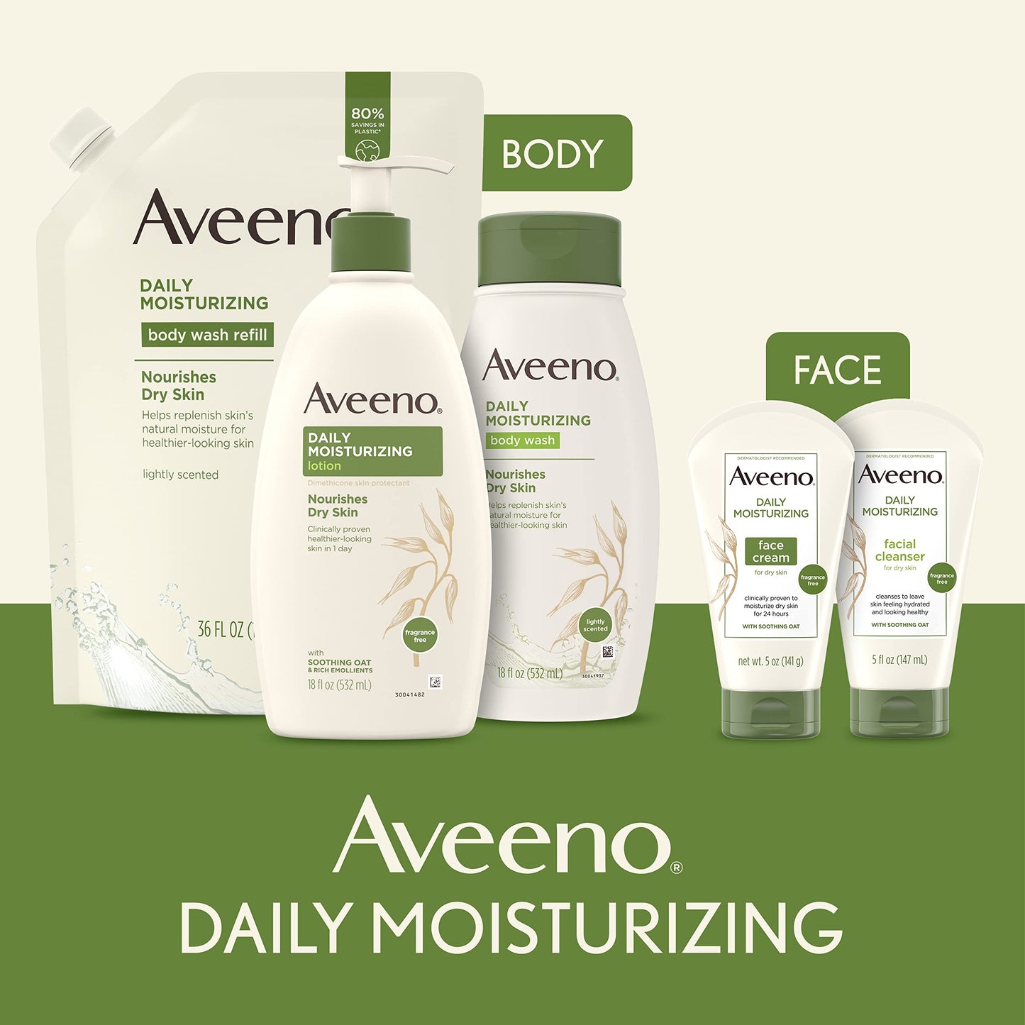 Aveeno Daily Moisturizing Body Lotion with Soothing Prebiotic Oat, Gentle Lotion Nourishes Dry Skin With Moisture, Paraben-, Dye- & Fragrance-Free, Non-Greasy & Non-Comedogenic, 2 x 18 oz