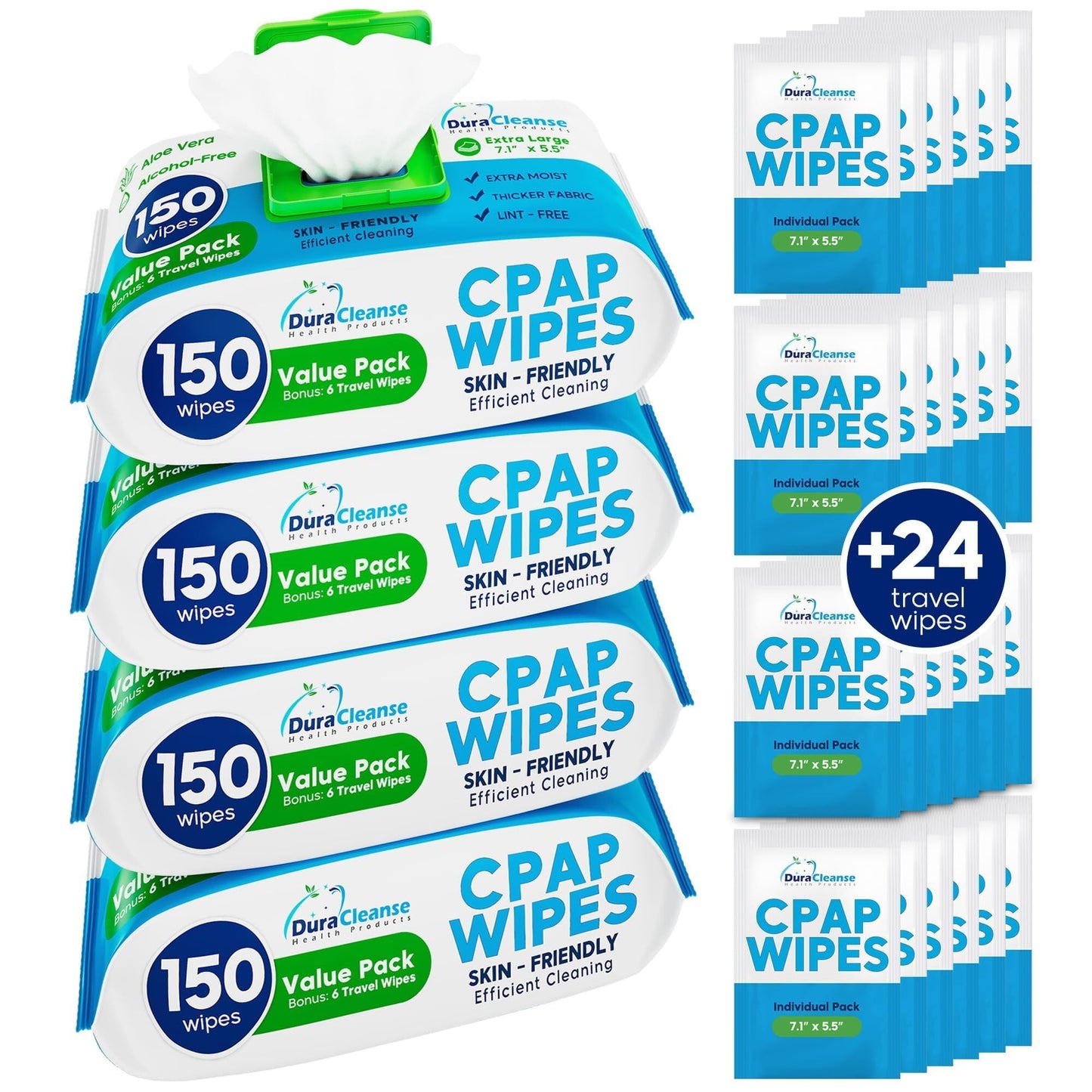 CPAP Mask Wipes - 150 Count Jumbo Pack + 6 Travel Wipes - DuraCleanse Extra Large, Extra Moist Cleaning Wipes for Full Face, Nasal Masks - Unscented Cleaner for CPAP Machine, Supplies and Accessories