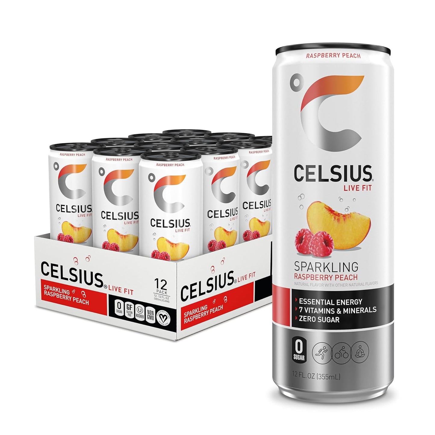 CELSIUS Sparkling Raspberry Peach, Functional Essential Energy Drink 12 Fl Oz (Pack of 12)