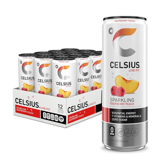 CELSIUS Sparkling Raspberry Peach, Functional Essential Energy Drink 12 Fl Oz (Pack of 12)