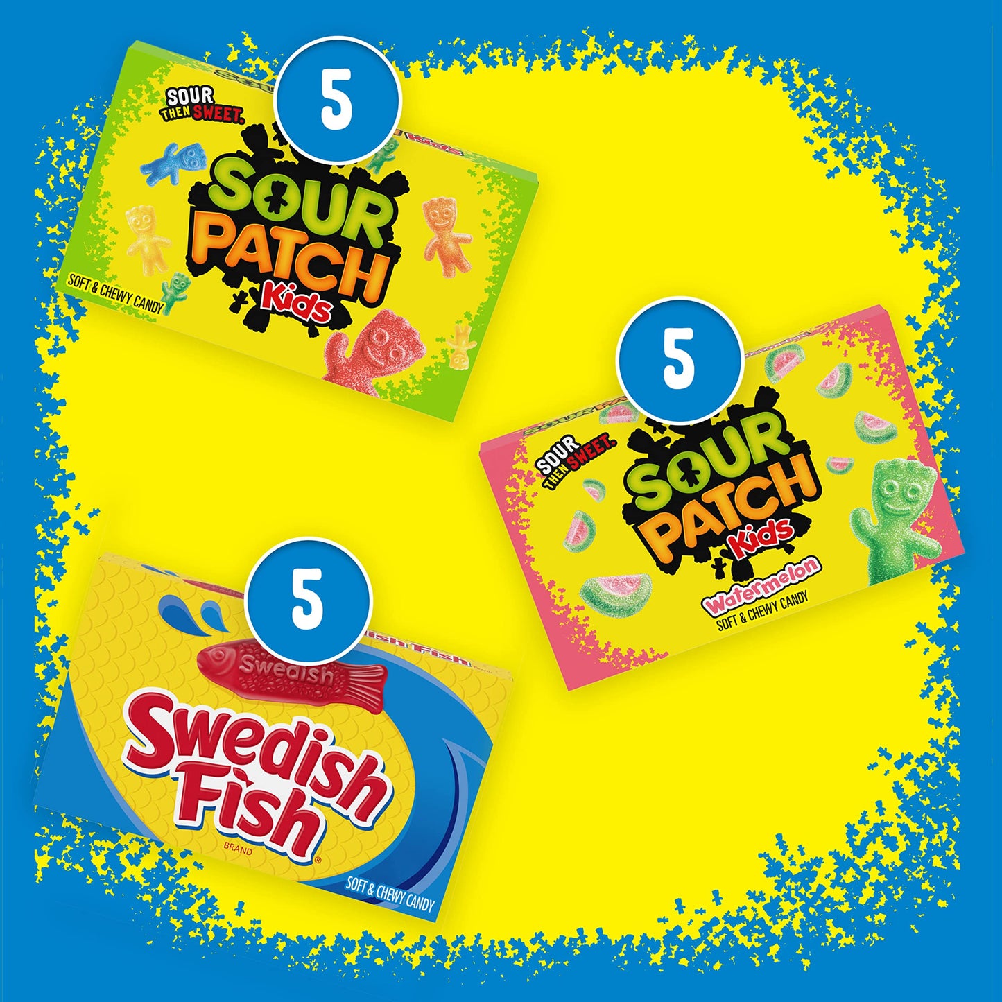 SOUR PATCH KIDS Original Candy, SOUR PATCH KIDS Watermelon Candy & SWEDISH FISH Candy Variety Pack, Halloween Candy, 15 Movie Theater Candy Boxes