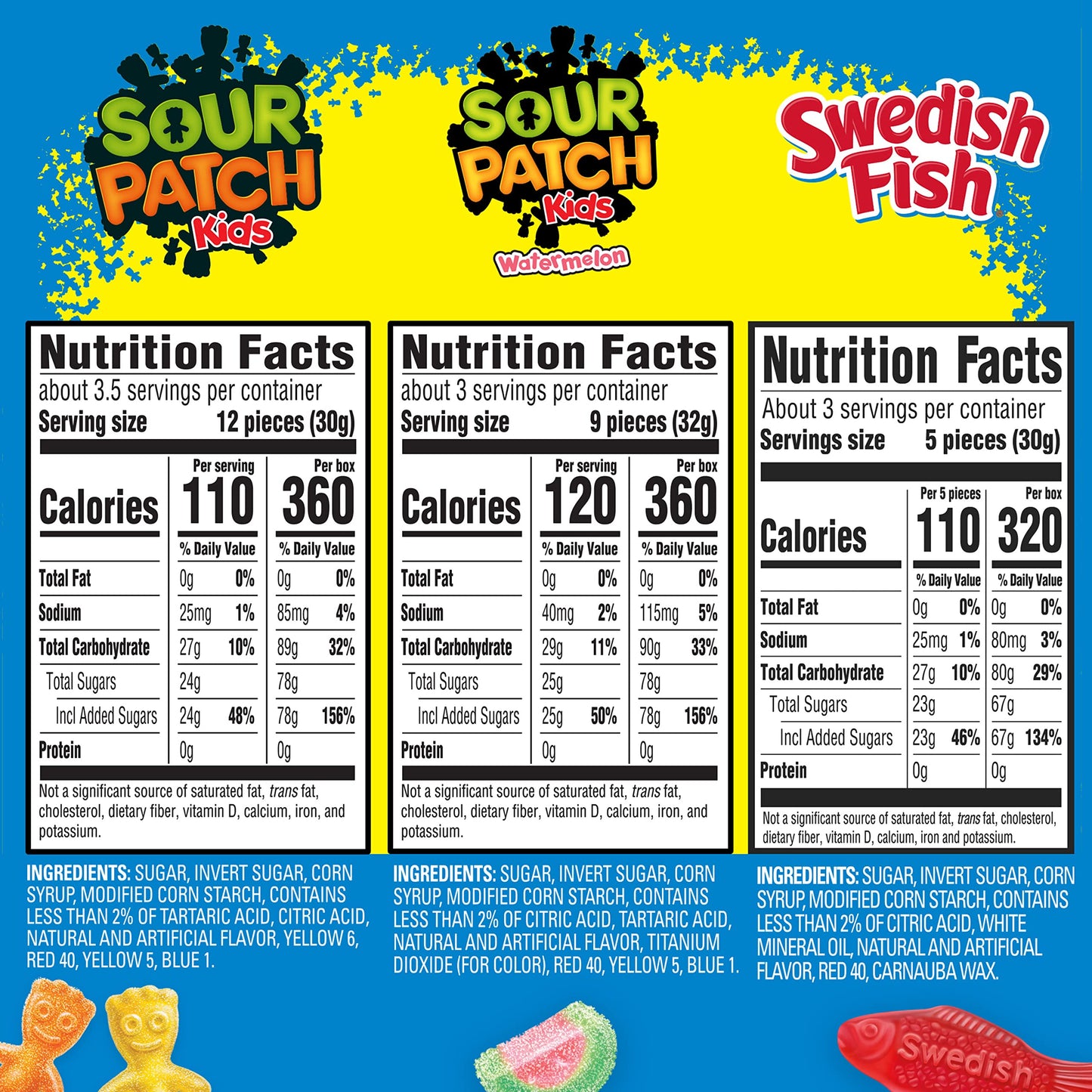 SOUR PATCH KIDS Original Candy, SOUR PATCH KIDS Watermelon Candy & SWEDISH FISH Candy Variety Pack, Halloween Candy, 15 Movie Theater Candy Boxes