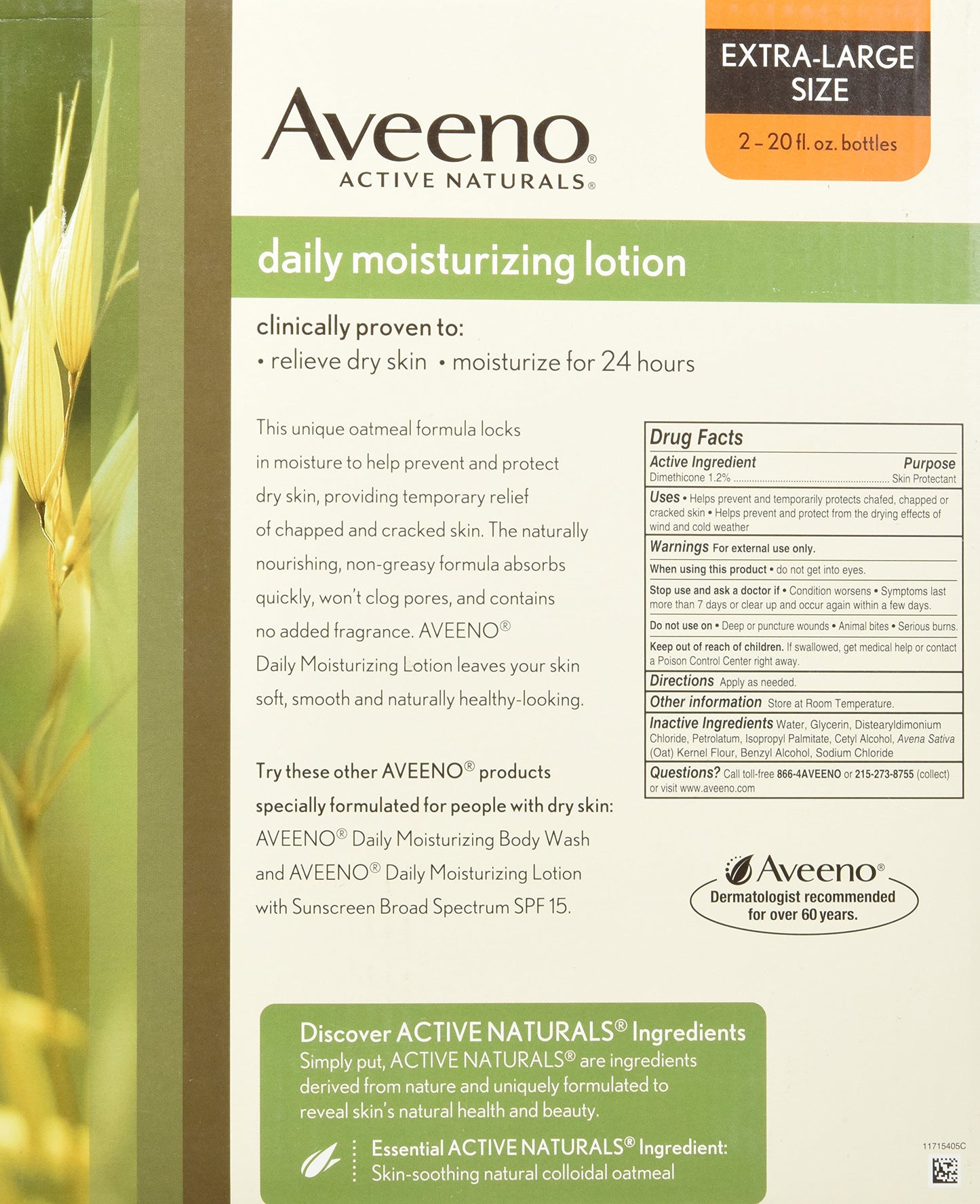 Aveeno Daily Moisturizing Body Lotion with Soothing Prebiotic Oat, Gentle Lotion Nourishes Dry Skin With Moisture, Paraben-, Dye- & Fragrance-Free, Non-Greasy & Non-Comedogenic, 2 x 18 oz