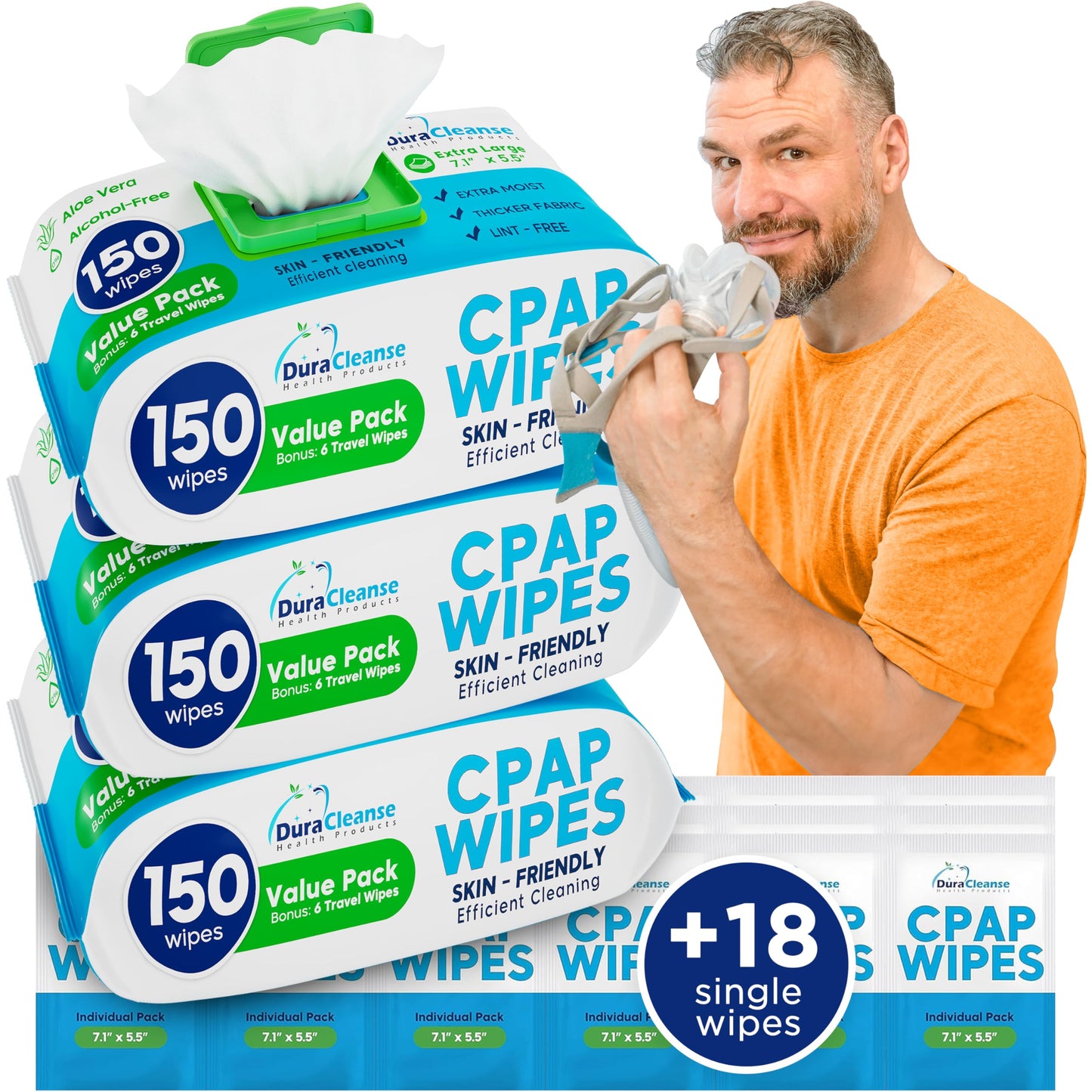 CPAP Mask Wipes - 150 Count Jumbo Pack + 6 Travel Wipes - DuraCleanse Extra Large, Extra Moist Cleaning Wipes for Full Face, Nasal Masks - Unscented Cleaner for CPAP Machine, Supplies and Accessories